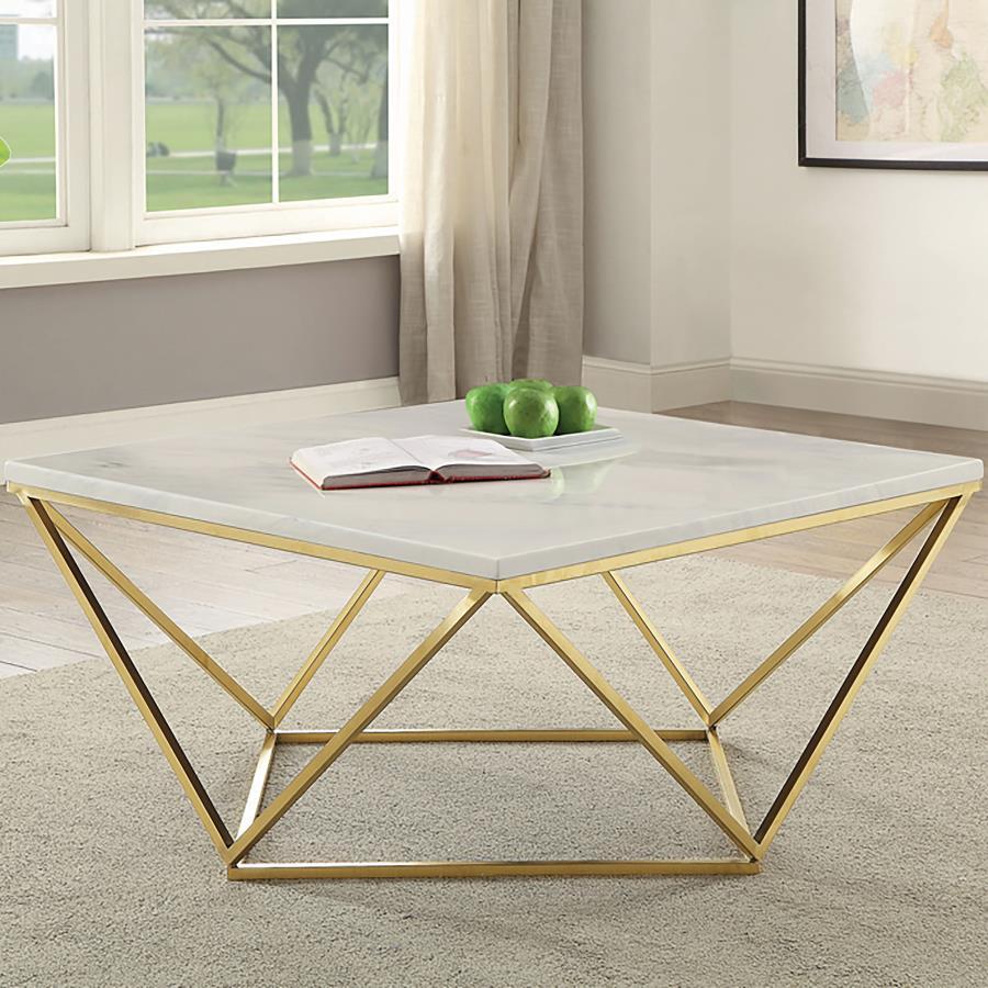 Meryl - Square Faux Marble Top Coffee Table - White And Gold