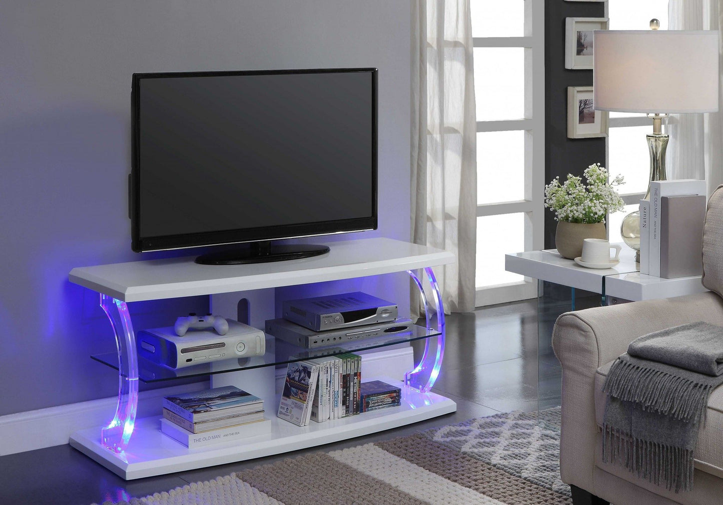 Clear Glass Wood Glass Veneer (Melamine) TV Stand (Led) - White