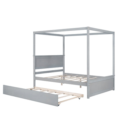 Wood Canopy Bed with Trundle Bed ,Full Size Canopy Platform bed With  Support Slats .No Box Spring Needed, Brushed Gray