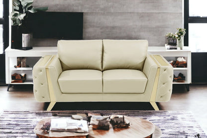 Genuine Leather Loveseat - Beige / Gold