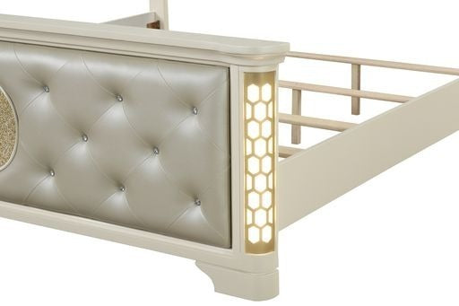 Jasmine King Size Tufted Upholstery & LED Bed made with Wood in Beige