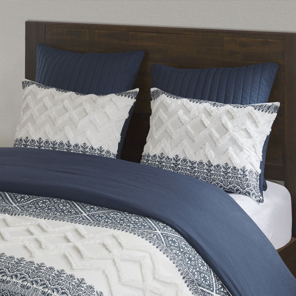 3 Piece Cotton Comforter Set With Chenille Tufting - Navy