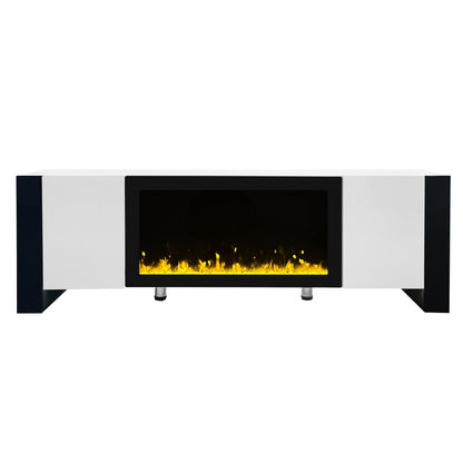 ON-TREND Modern TV Stand with 34.2" Non-heating Electric Fireplace, High Gloss Entertainment Center with 2 Cabinets, Media Console for TVs up to 78", White