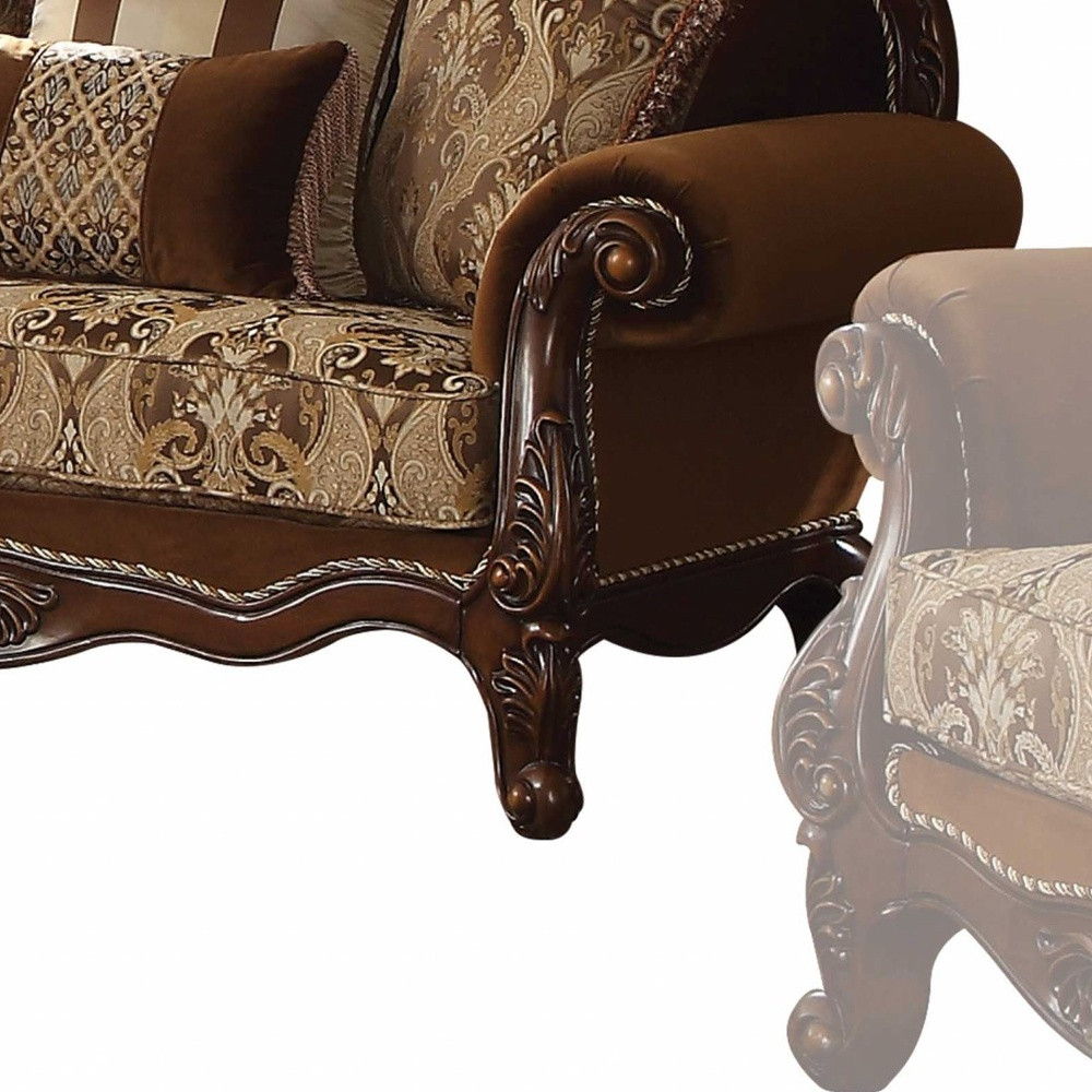 Loveseat And Toss Pillows - Brown Damask Chesterfield