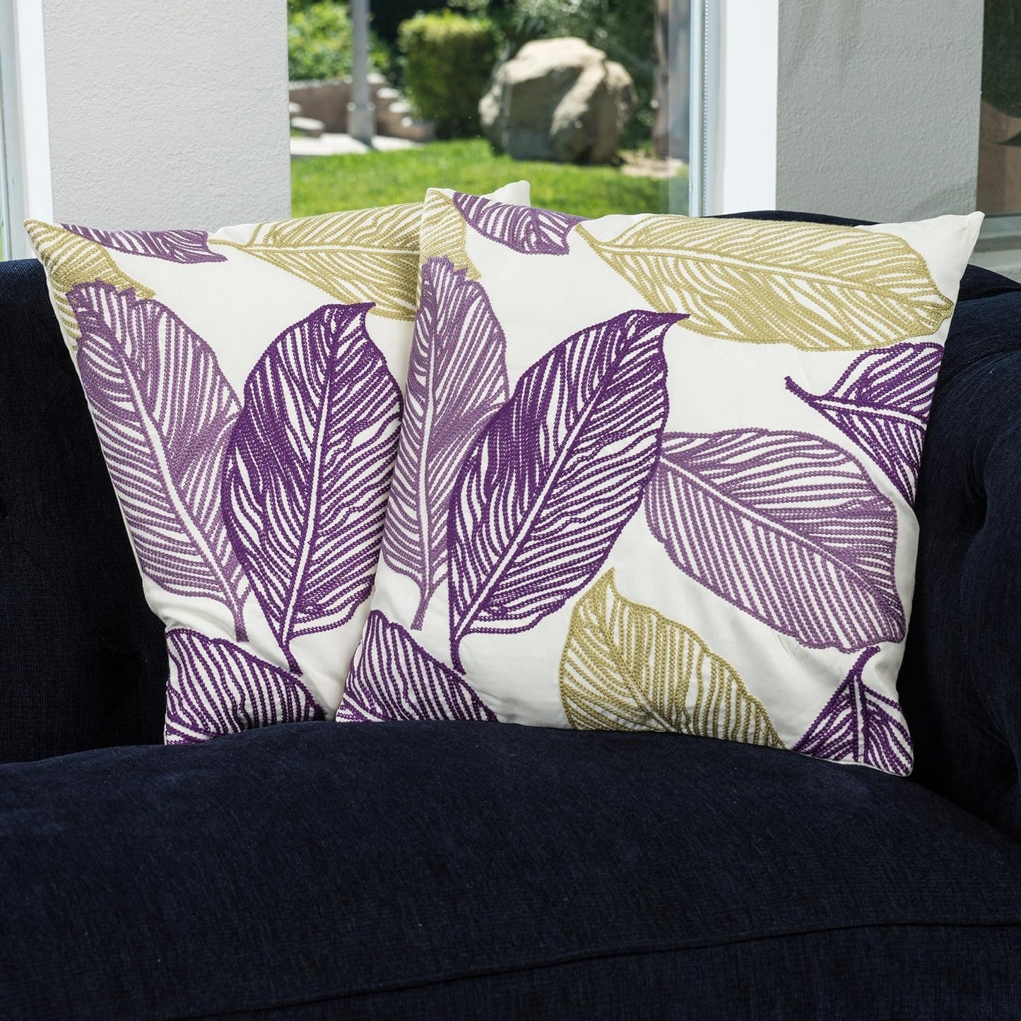 Purple - Green Leaves On Linen - Fabric