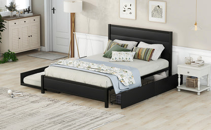 Metal Queen Size Storage Platform Bed with Twin Size Trundle and 2 Drawers, Black