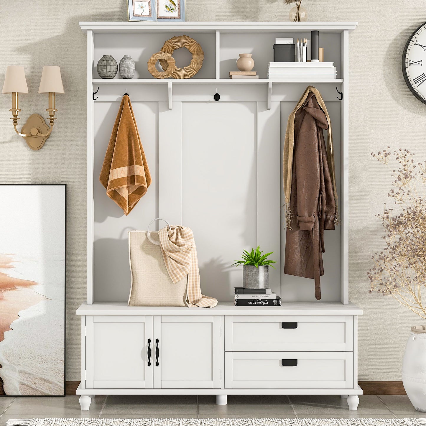 On-Trend Modern Style Hall Tree With Storage Cabinet And 2 Large Drawers, Widen Mudroom Bench With 5 Coat Hooks - White