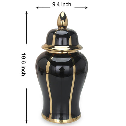 Black Linear Gilded Ginger Jar With Removable Lid