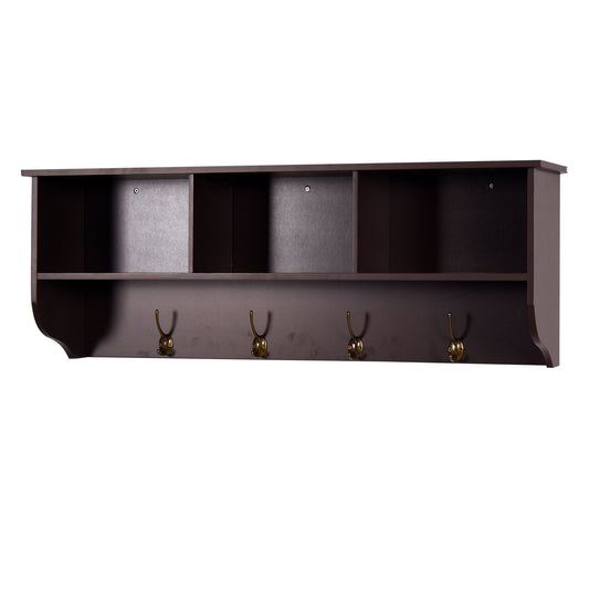 Espresso Entryway Wall Mounted Coat Rack With 4 Dual Hooks Living Room Wooden Storage Shelf