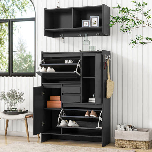 On Trend Multi Functional Shoe Cabinet With Wall Cabinet, Space - Saving Design Foyer Cabinet With 2 Flip Drawers, Versatile Side Cabinet For Hallway, Black