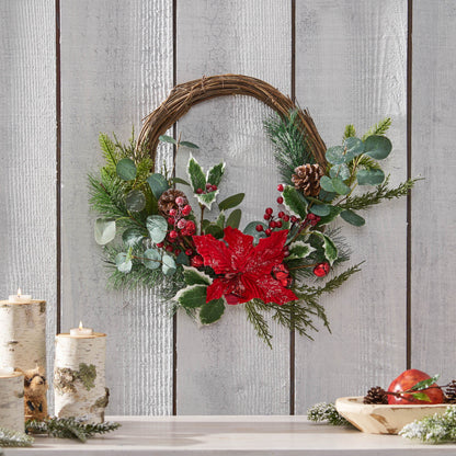 23.5" Poinsettia / Berry / Eucalyptus Half Wreath - Green Leaves