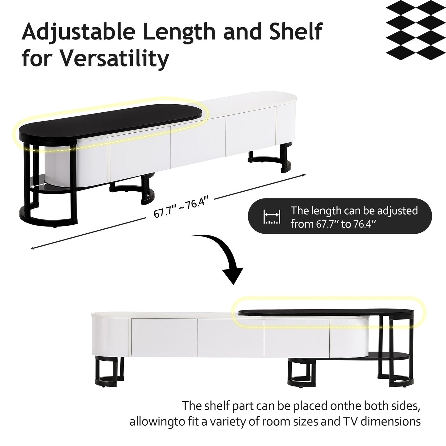 Modern Extendable TV Stand For TVs Up To 75", Entertainment Center Media Console With 3 Drawers, Metal Adjustable Legs For Living Room