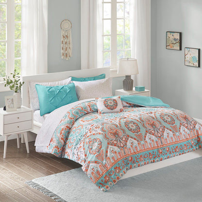 Vinnie Twin Boho Comforter Set With Bed Sheets - Light Blue