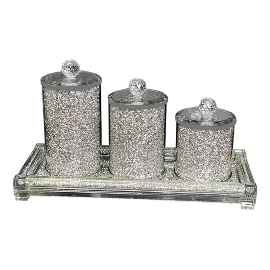 Ambrose Exquisite Three Glass Canister With Tray In Gift Box Silver