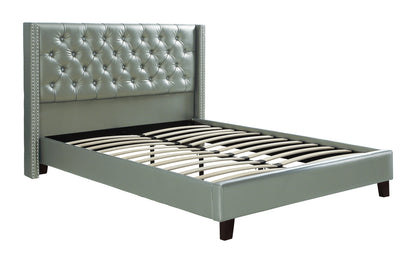 Queen Size Bed 1pc  Bed Set Silver Faux Leather Upholstered Tufted Bed Frame Headboard Bedroom Furniture