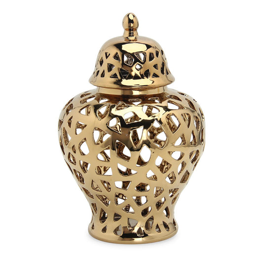 Ceramic Ginger Jar Vase With Decorative Design - Gold