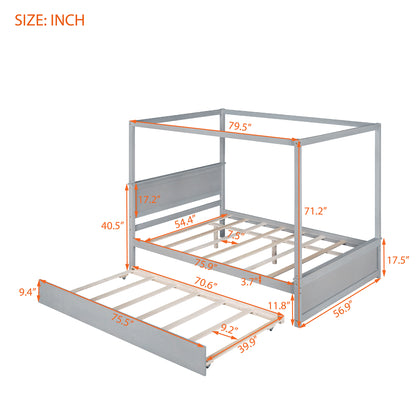 Wood Canopy Bed with Trundle Bed ,Full Size Canopy Platform bed With  Support Slats .No Box Spring Needed, Brushed Gray