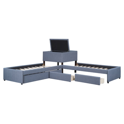 L-shaped Upholstered Platform Bed with Trundle and Two Drawers Linked with built-in Desk,Twin,Gray