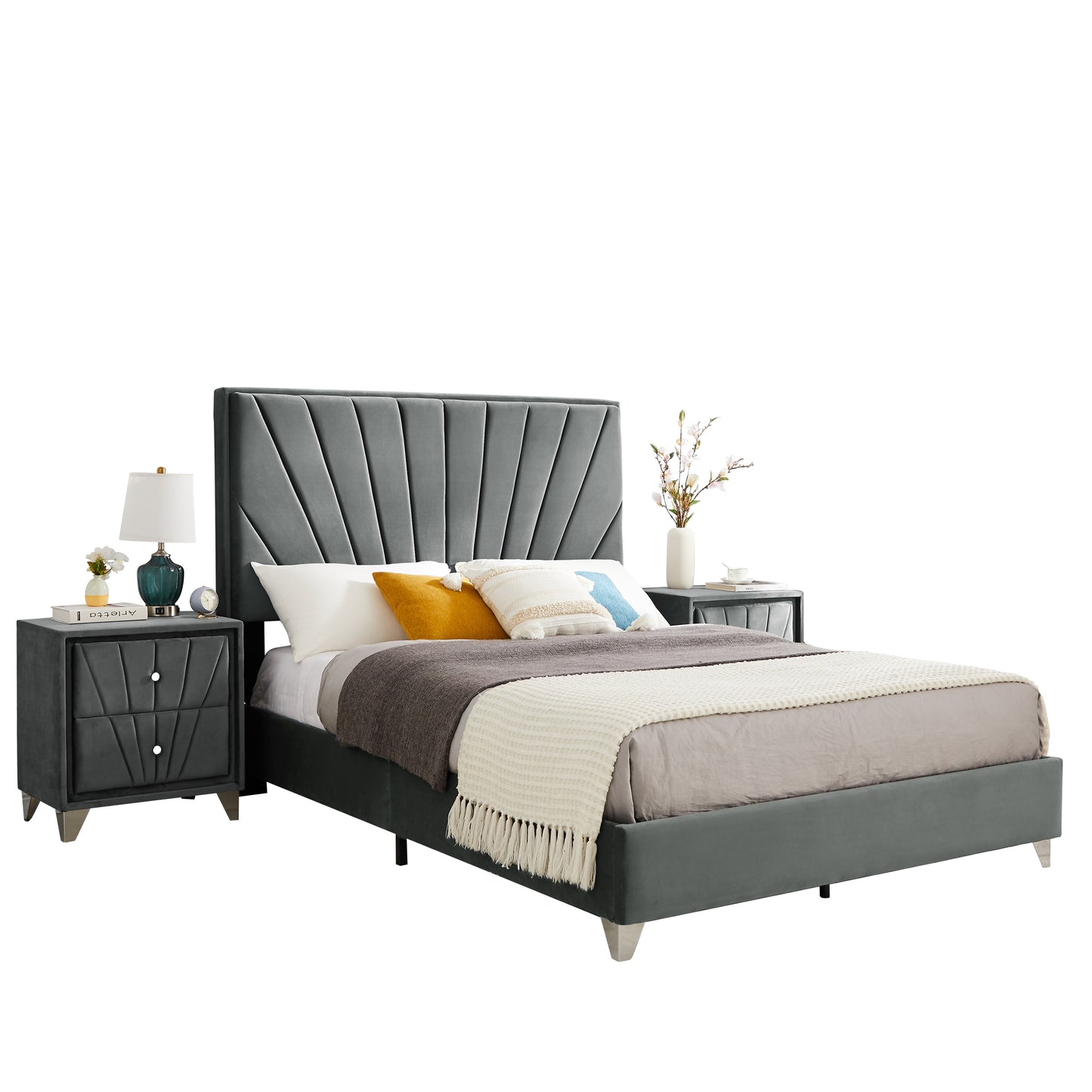 B108 Full bed with one nightstand, Beautiful line stripe cushion headboard , strong wooden slats + metal legs with Electroplate