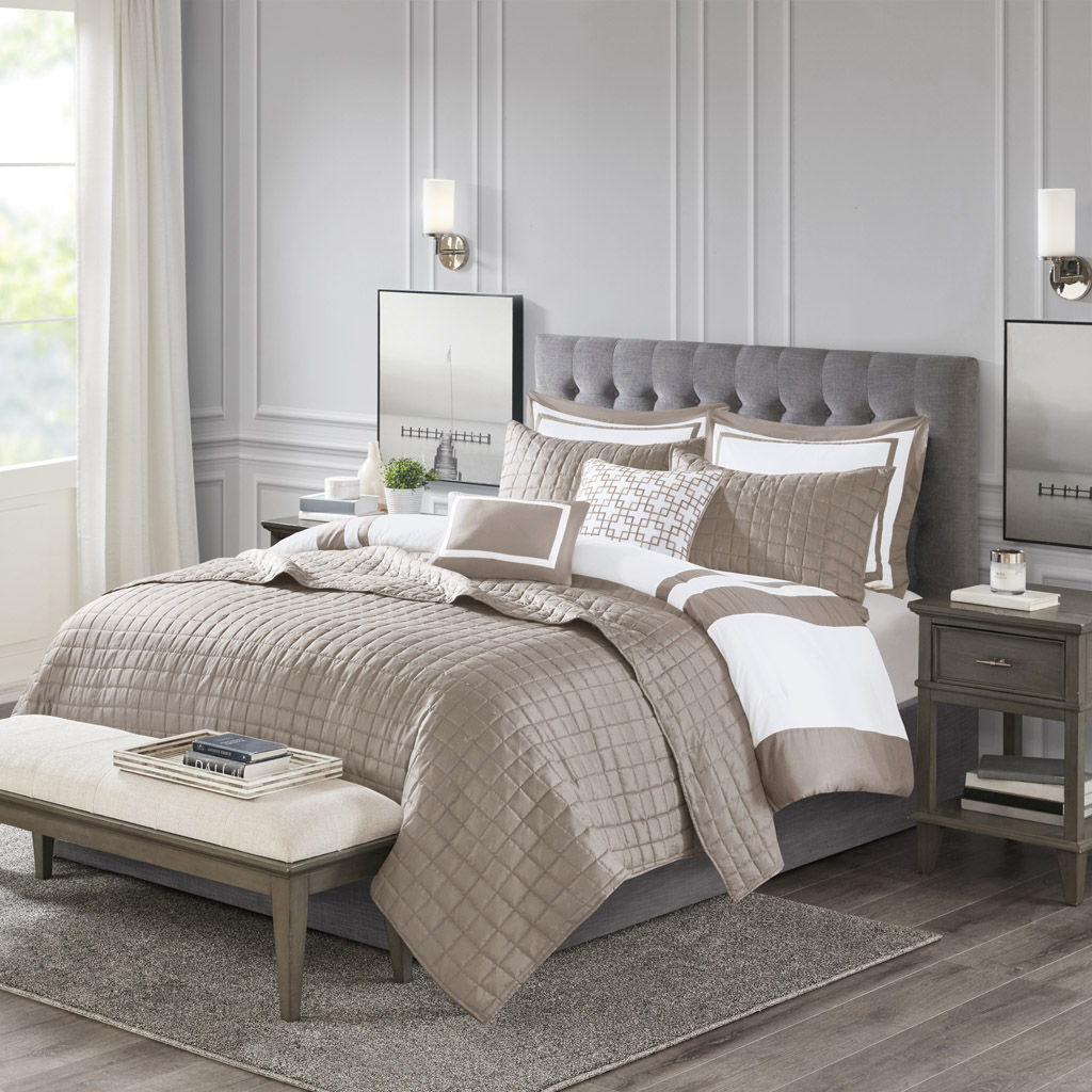 8 Piece Comforter And Quilt Set Collection, Taupe