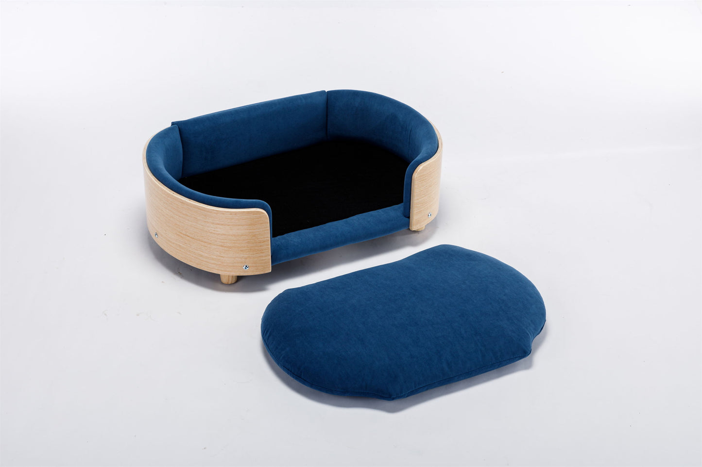 Scandinavian Style Elevated Dog Bed Pet Sofa With Solid Wood Legs And Bent Wood Back, Velvet Cushion, Mid Size, Dark Blue