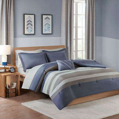 Striped Comforter Set With Bed Sheets, Blue / Grey