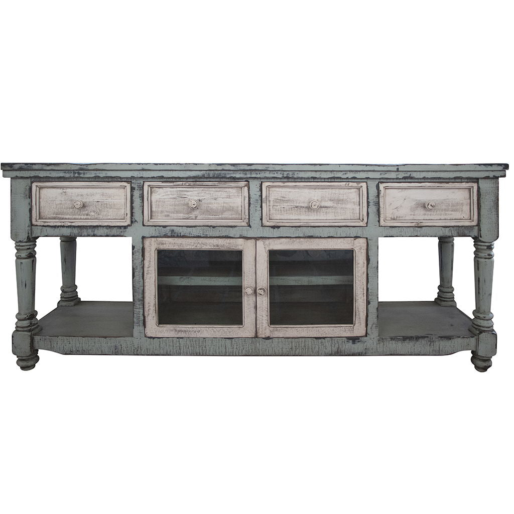 Solid Wood Open Shelving Distressed TV Stand - Blue / White