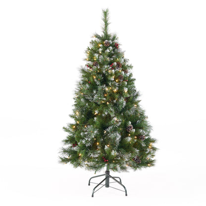 4.5 Glitter Bristle Mixed Hinged Tree With Red Berry And Pine Cones And 200 Cl, 407 Tips