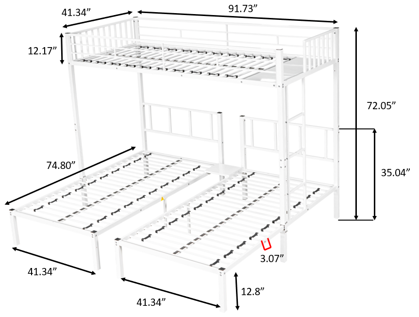 Triple Twin Bunk Bed/ Can Be Separated into 3 Twin Beds/ Sturdy Metal/ Noise Reduced/ Bunk Bed for Three/ Safety Guardrail/ CPC Certified/ No Box Spring Needed