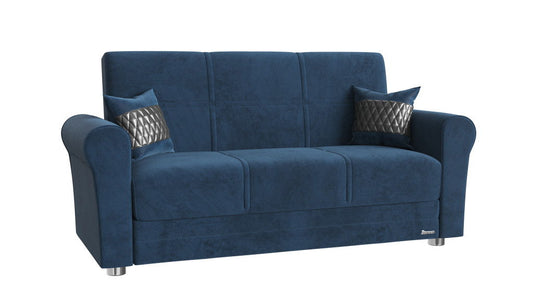 Microfiber Futon Convertible Sleeper Love Seat With Storage And Toss Pillows - Blue Silver