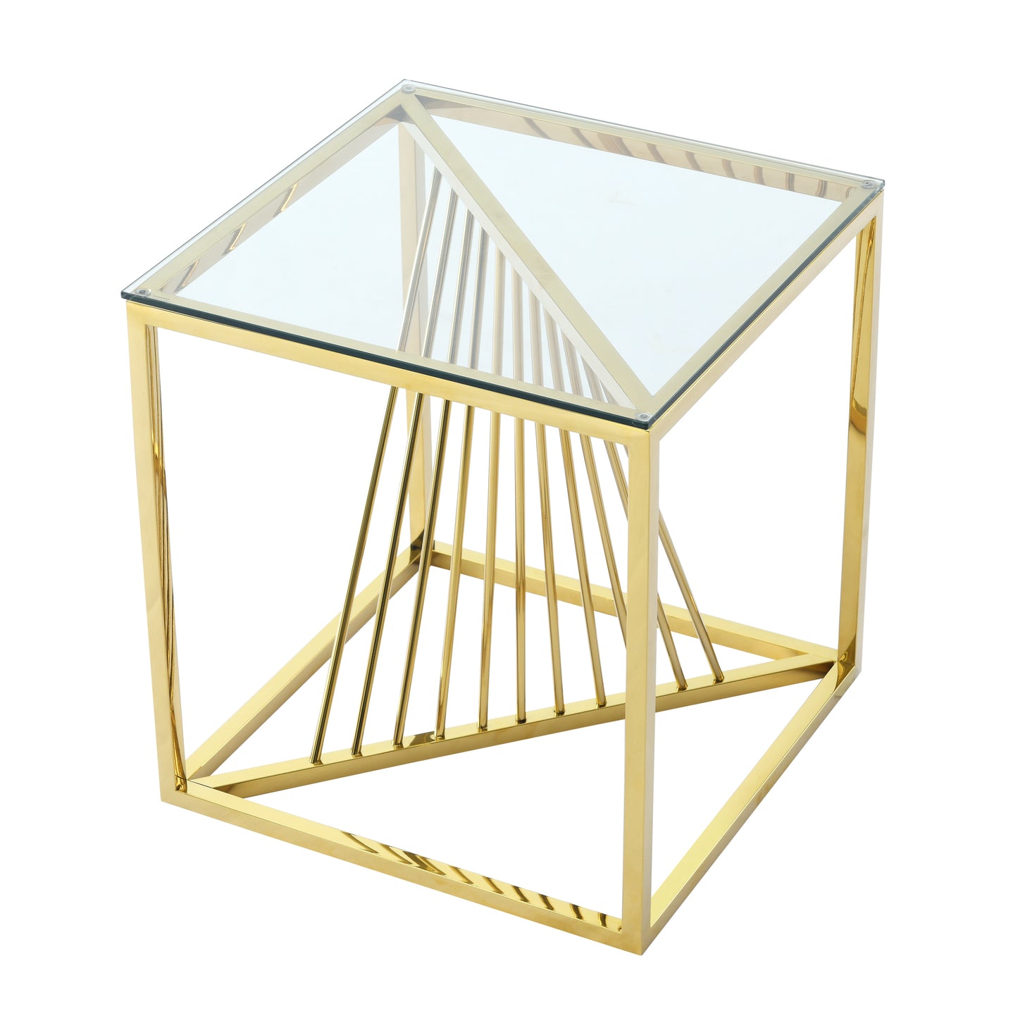 20 Inch Modern Glass End Table with Geometric Metal Frame, Accent Table Nightstand Furniture Corner Table for Living Room,Home Office,Bedroom - Gold