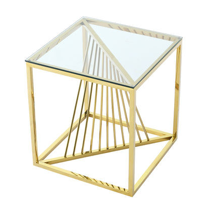 20 Inch Modern Glass End Table with Geometric Metal Frame, Accent Table Nightstand Furniture Corner Table for Living Room,Home Office,Bedroom - Gold