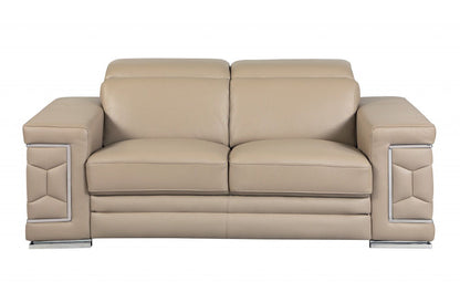 Genuine Leather Love Seat - Beige / Silver