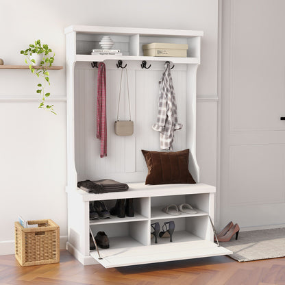 Entryway Hall Tree With Coat Rack 4 Hooks And Storage Bench Shoe Cabinet - White