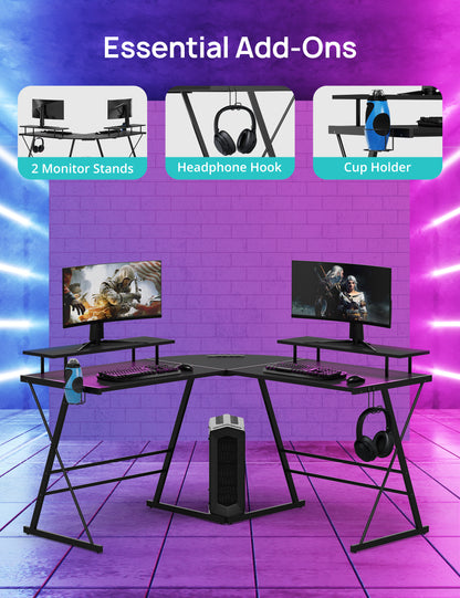 Gaming Desk, L Shaped Computer Corner Desk, 53" Ergonomic Gaming Table with Monitor Stands, PC Desk with LED Strips and Power Outlets, Carbon Fiber Surface with Cup Holder, Headphone Hook