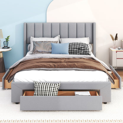 Queen Size Upholstered Platform Bed with One Large Drawer in the Footboard and Drawer on Each Side,Gray