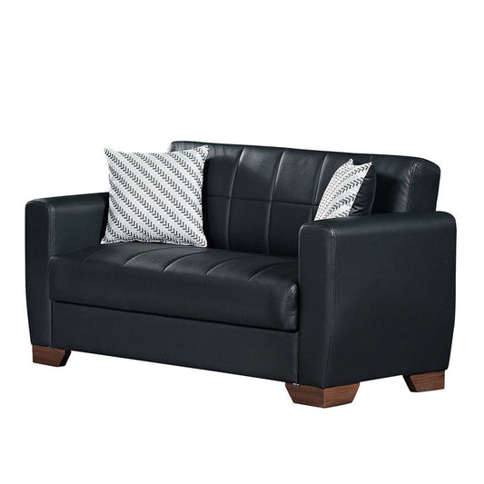 Faux Leather Futon Convertible Sleeper Love Seat With Storage And Toss Pillows - Black Brown