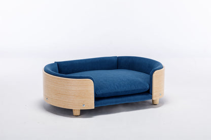 Scandinavian Style Elevated Dog Bed Pet Sofa With Solid Wood Legs And Bent Wood Back, Velvet Cushion, Mid Size, Dark Blue