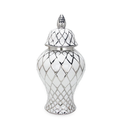 And Silver Ceramic Decorative Jar With Lid - White