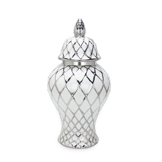 White And Silver Ceramic Decorative Jar With Lid