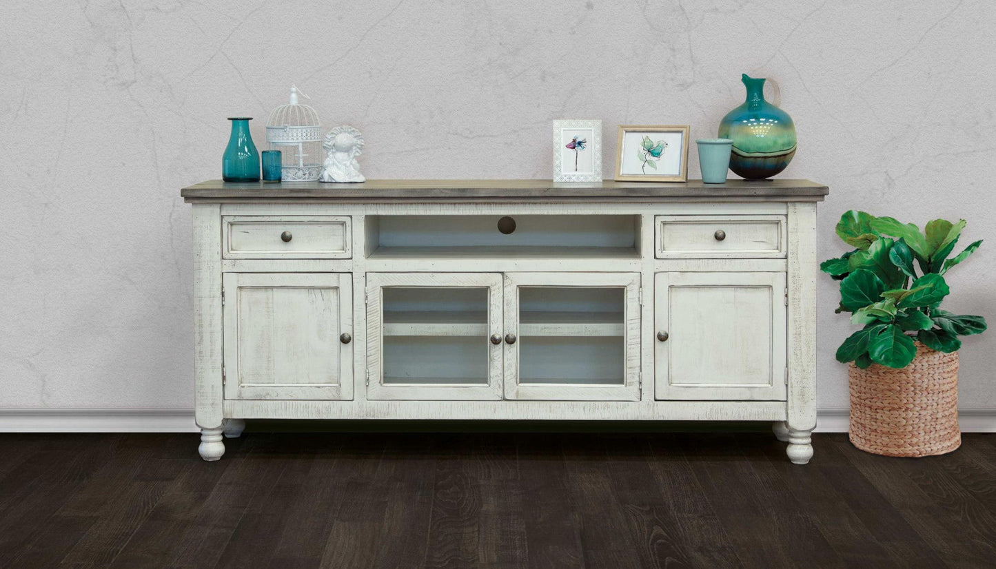 Wood Open Shelving Distressed TV Stand - Ivory