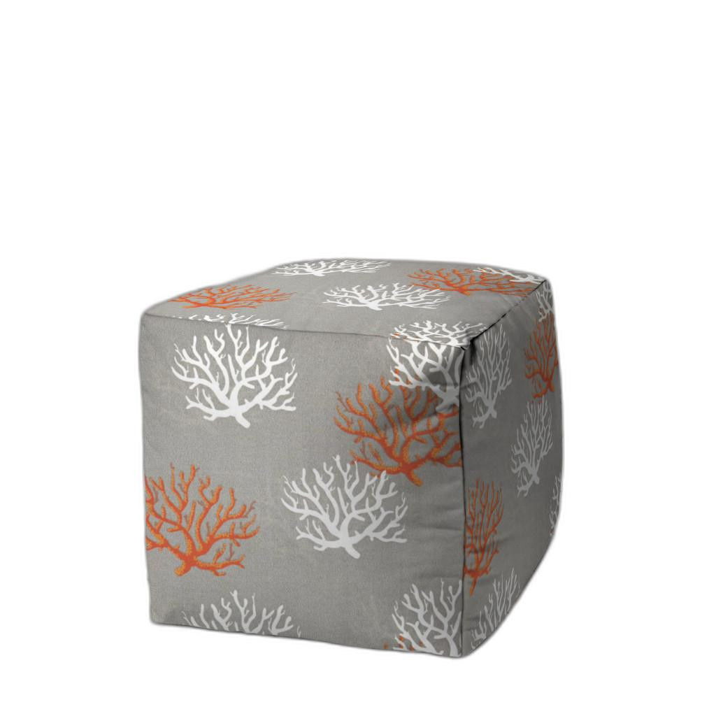 Polyester Cube Coral Outdoor Pouf Ottoman - Gray White / Orange