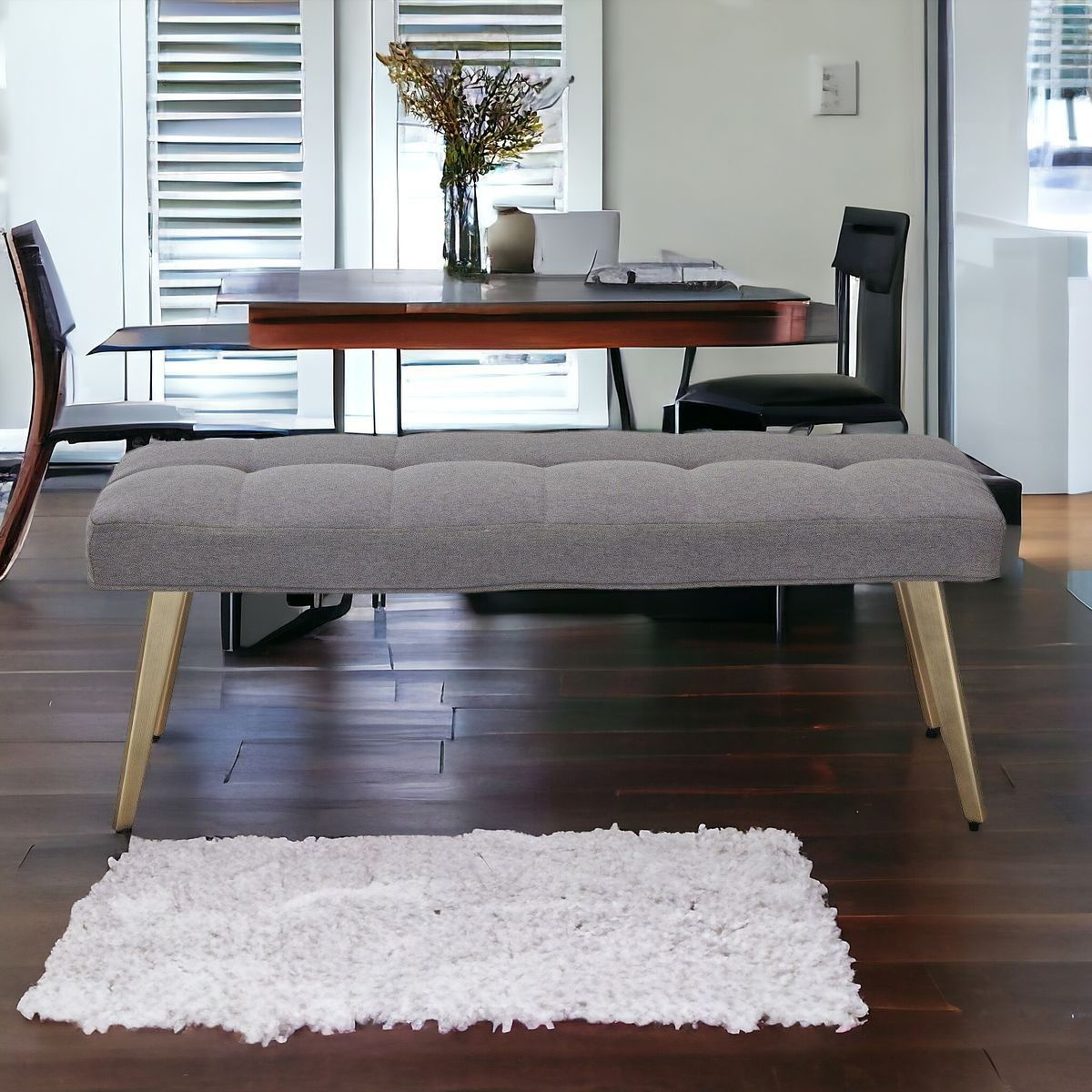 Upholstered Linen Blend Dining Bench - Gray / Antiqued Brass