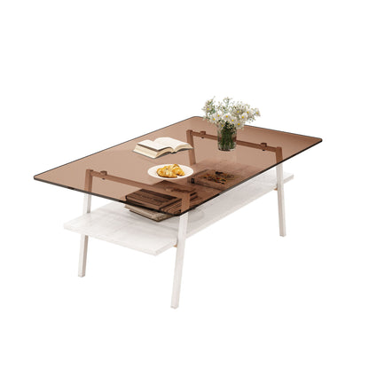 Rectangle Coffee Table, Tempered Glass Tabletop With Metal Legs, Modern Table For Living Room - Brown