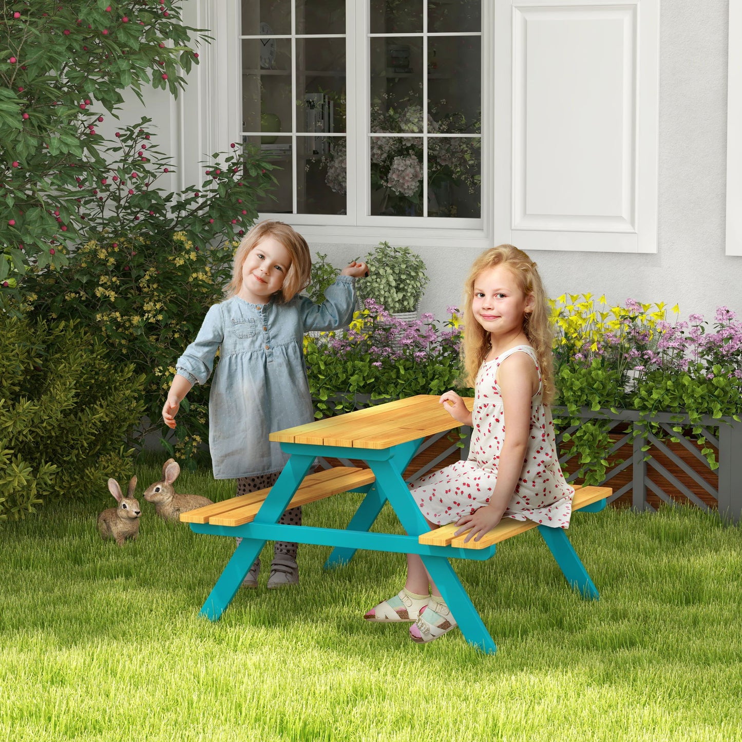 Outsunny - Kids Picnic Table Set With Wooden Table, Outdoor Bench Set With Seating For 4 Kids Ages 3-8 Years Old For Patio Garden, Easy Installation, Outdoor Indoor Use - Natural Wood