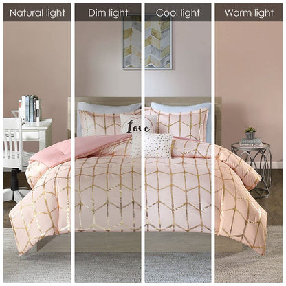 Raina Twin Long Metallic Printed Comforter Set - Pink