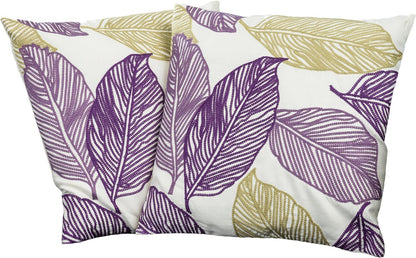 Purple - Green Leaves On Linen - Fabric