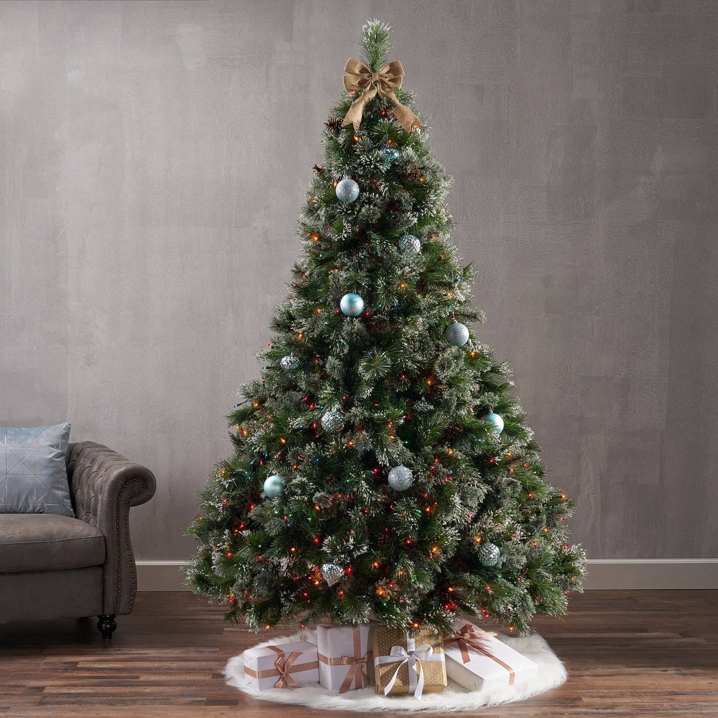 7.5' Cashmere And Snow Bristle Mixed Tree With 83 Pine Cones And 1000Multi Lights, 1561Tips