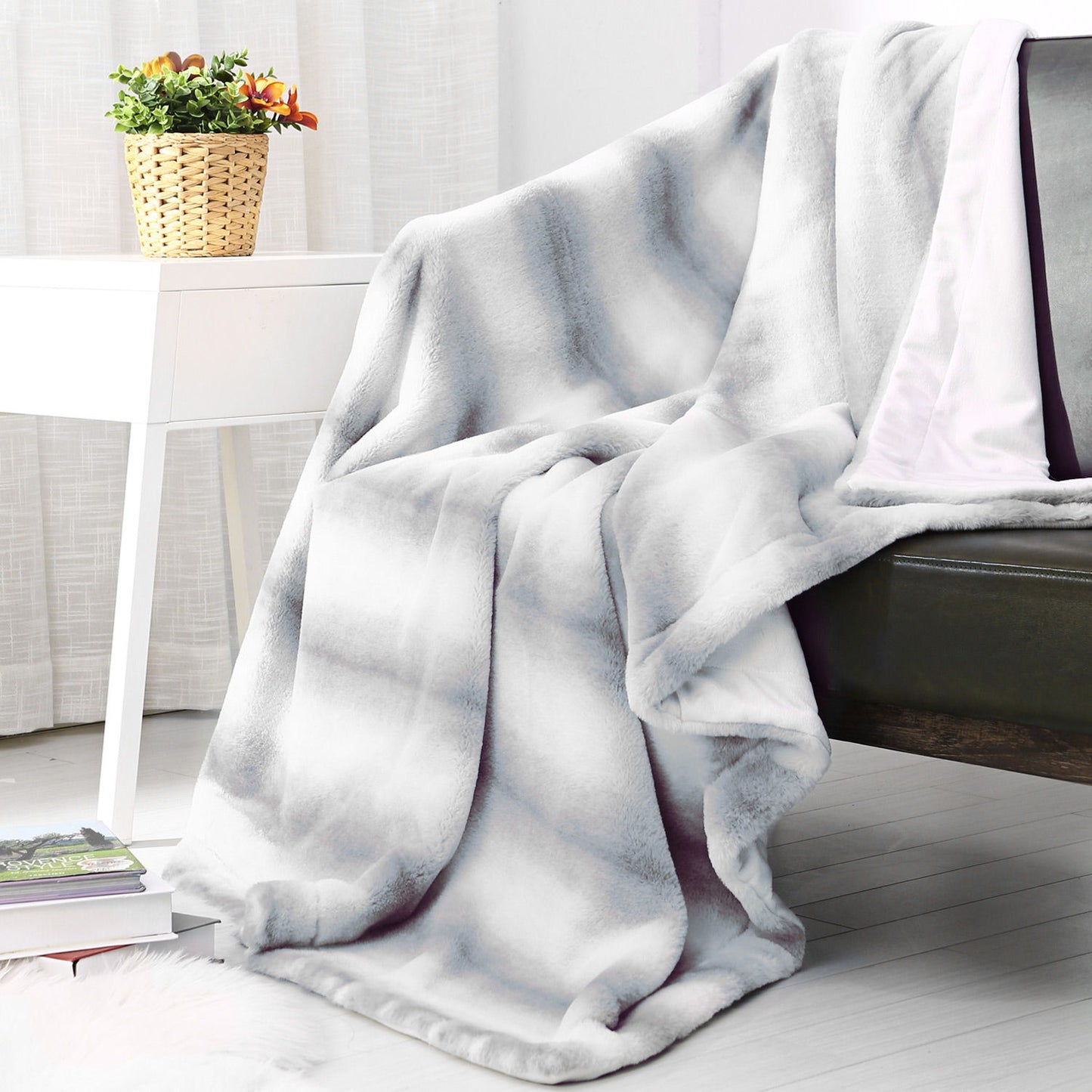 Printed Faux Rabbit Fur Throw, Lightweight Plush Cozy Soft Blanket, 50" X 60", Gray Strip