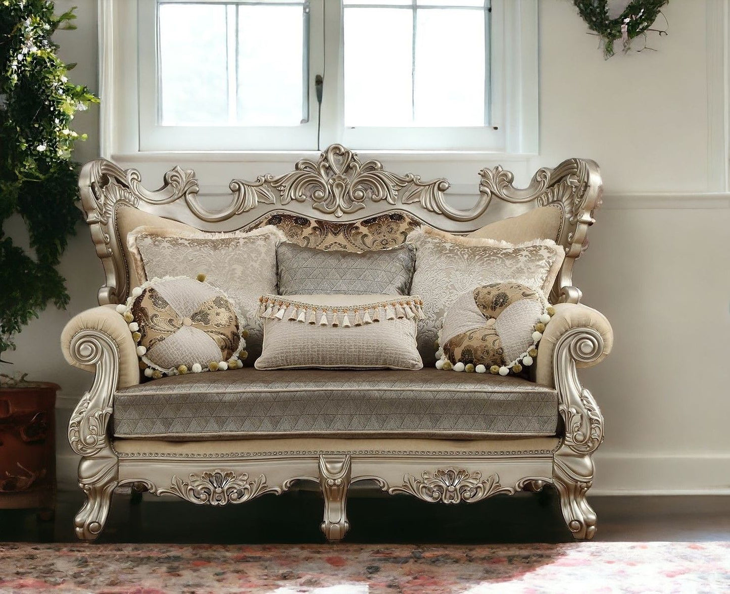 Damask Chesterfield Loveseat And Toss Pillows - Cream / Platinum